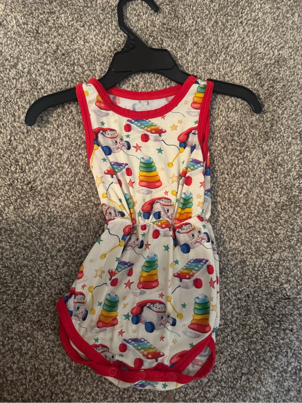 Posh Peanut Fisher-Price White Romper with Red Trim and Multicolor Toy Print